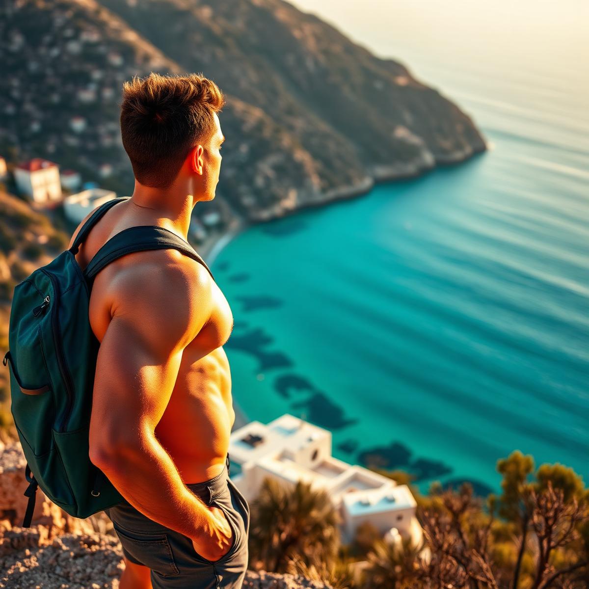 Traveler with backpack overlooking a coastal destination